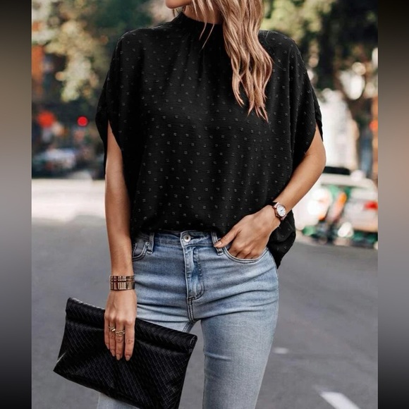 Boho black Swiss dot batwing sleeve blouse - Picture 1 of 5